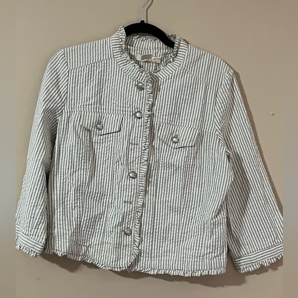 Sandro Tan and White Striped cropped button Jacket size Large - Picture 1 of 8